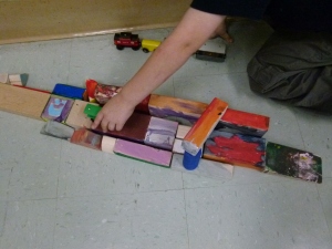 This colorful bridge was quite a bone of contention as the builder did not want other children to drive their trains on his bridge. Thankfully.....there were other roads and bridges for children to use!